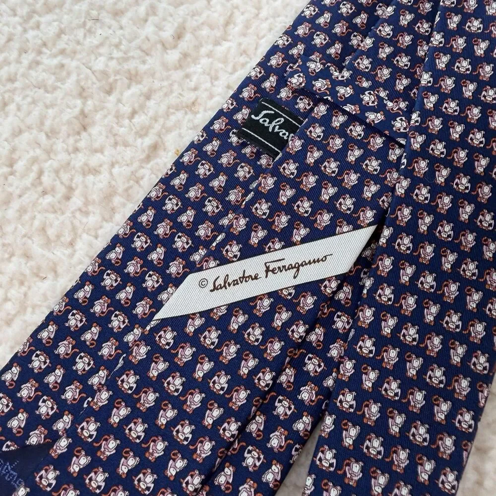 Salvatore Ferragamo Tie Silk Necktie Monkey Hear No Evil Speak No Evil Italy